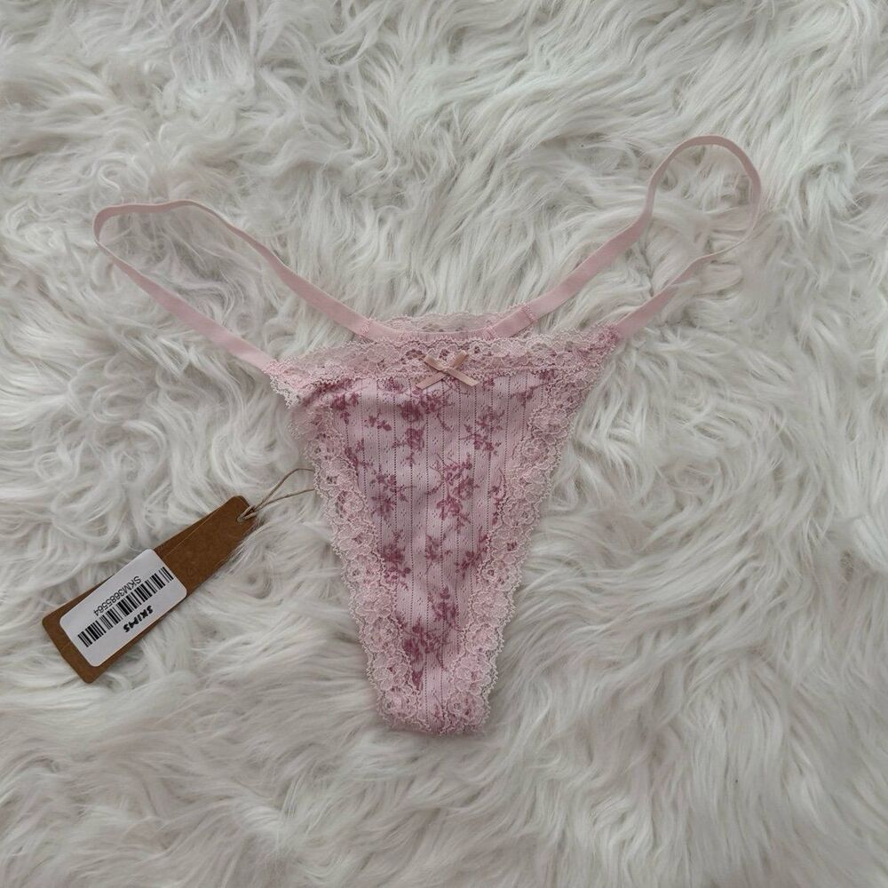 Skims Lightweight Cotton Pointelle Lace String Thong Bloom Dainty Floral Small